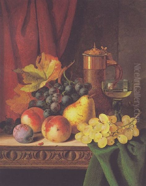 Still Life With Grapes, Peaches, A Wine Goblet And A Covered Flask On A Ledge - view 1