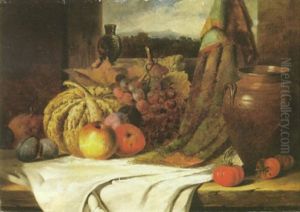 A Still Life With A Squash, Fruit And A Pot On A Table And A View Through A Window Beyond A Still Life With A Squash, Fruit And A Pot On A Table And A View Through A Window Beyond