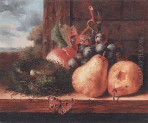 A Bird's Nest With Two Eggs, A Peacock Butterfly And Autumn Fruits On A Wooden Ledge by Edward Ladell