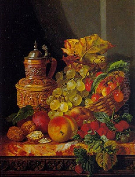 Still Life With Summer Fruit And A Flaggon On A Marble Table - view 1