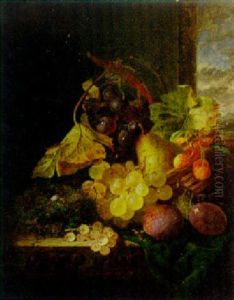 Grapes, Pear And Other Fruit, And A Nest With Two Eggs On A Wooden Ledge