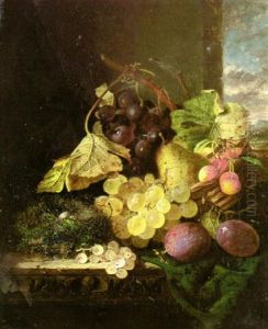 Fruit And A Nest With Two Eggs On A Carved Wooden Ledge by Edward Ladell