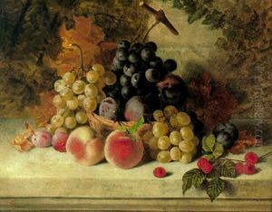 Still Life With Basket Of Fruit On A Stone Ledge by Edward Ladell