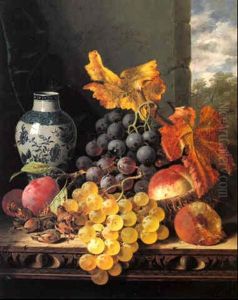 Still Life With Fruit, Cobnuts And An Oriental Vase On A Carved Ledge Still Life With Fruit, Cobnuts And An Oriental Vase On A Carved Ledge