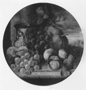 Still Life With Grapes And Plums Before An Arcadian Landscape by Edward Ladell