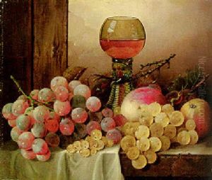 Grapes, White Currants, Plums, A Peach And An Apple With A Hock Glass On A Draped Ledge by Edward Ladell