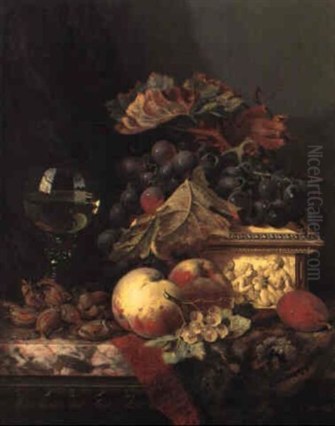 Black Grapes On A Carved Ivory Box With Fruits And Nuts On A Marble Ledge - view 1
