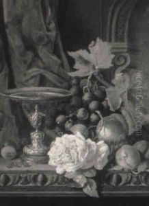 Still Life With Grapes And Peach In A Basket With Plums, Berries, Roses ... Still Life With Grapes And Peach In A Basket With Plums, Berries, Roses ...