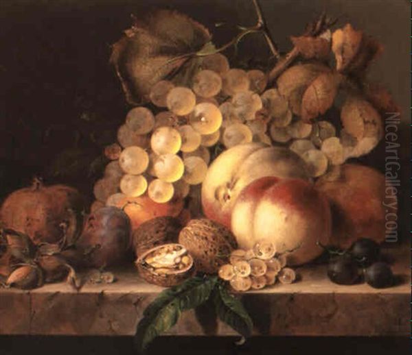 Pears, Grapes, A Bird's Nest, An Apple And A Butterfly On A Wooden Ledge - view 1