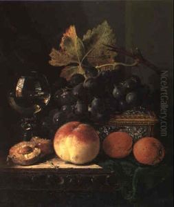A Peach, Plums, Black Grapes, A Wine Glass And A Casket On A Wooden Ledge