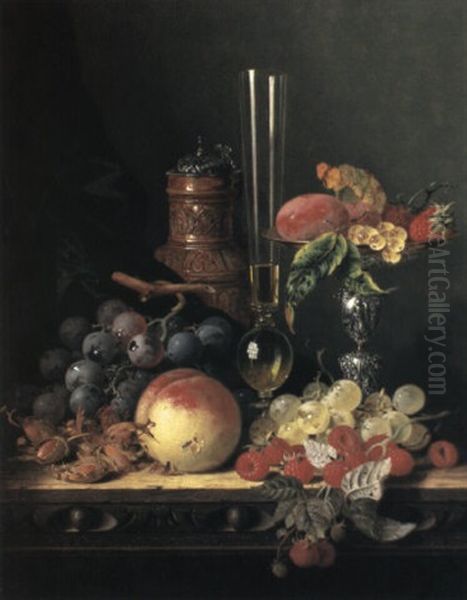 Grapes, Hazelnuts, A Peach, Raspberries, A Wine Flute, A Flagon...on A Ledge - view 1