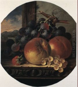 Black Grapes, Peaches, A Strawberry And White Currants On A Wooden Ledge by Edward Ladell