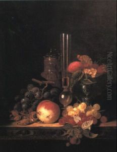 A Gilt Jug, Wine Glass And Fruit On A Table by Edward Ladell