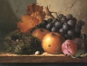 Still Life With Grapes, Apples, Plums And A Bird's Nest On Wood Ledge by Edward Ladell