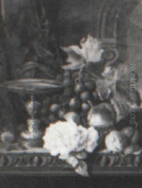 Fruit, A Rose And Compote On A Carved Table - view 1