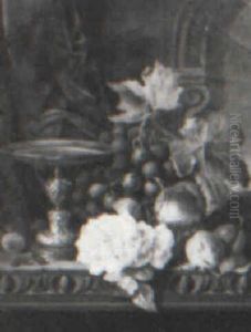Fruit, A Rose And Compote On A Carved Table by Edward Ladell
