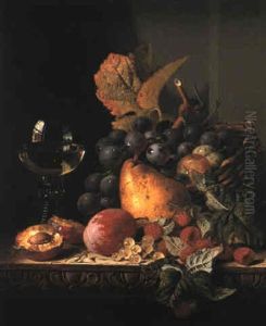 Fruit Still Life With Glass On Wooden Ledge by Edward Ladell