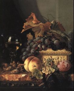 Still Life With Grapes, Whitecurrants, Nuts, A Plum, A      Peach, A Casket And A Wine Glass by Edward Ladell