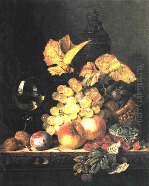 Still Life With Grapes, Peaches, Plums, Walnuts And Raspberries By A Wine Glass And Stein On A Table - view 1