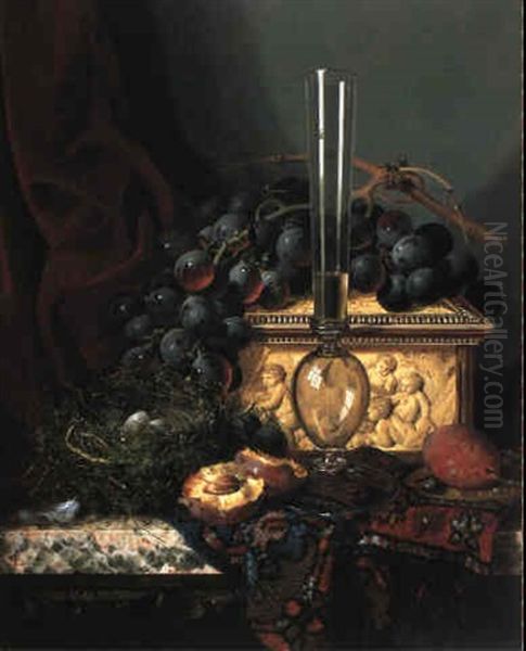 Fruit And Quail's Eggs In A Nest By A Wine Flute In Front Of An Ivory Casket - view 1