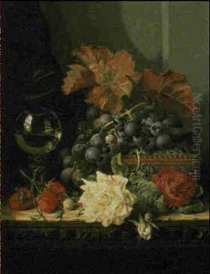 Still Life Of Grapes, Roses, Strawberries, A Wine Glass And A Casket On A Wooden Ledge by Edward Ladell