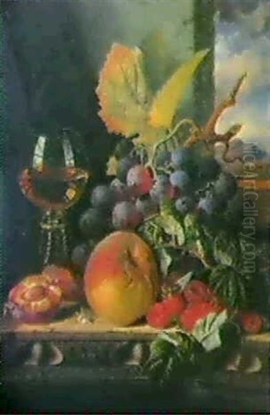 Still Life With Grapes, Raspberries, Peaches And A Glass On A Ledge, Showing A Landscape Beyond - view 1