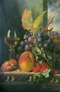 Still Life With Grapes, Raspberries, Peaches And A Glass On A Ledge, Showing A Landscape Beyond thumbnail
