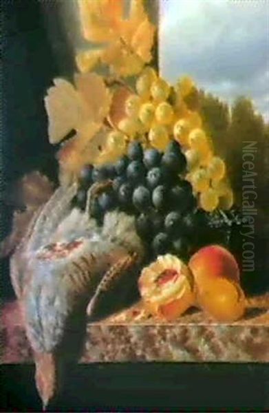 A Partridge, With Grapes, Peaches, And A Plum On A Marble Ledge - view 1