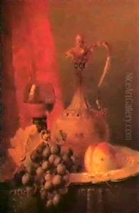 Still Life Of Grapes, A Peach, A Jug And A Glass by Edward Ladell