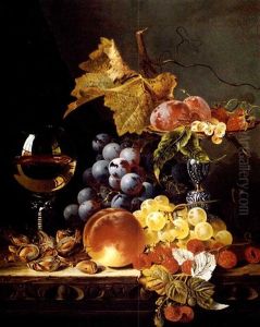 Grapes, Plums, Whitecurrants, Strawberries, Raspberries     A Peach And Hazelnuts With A Glass Of Wine On A Wooden Ledge by Edward Ladell