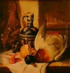 A Mallard, A Jug, A Peeled Lemon, Grapes And Shrimps On A   Draped Ledge