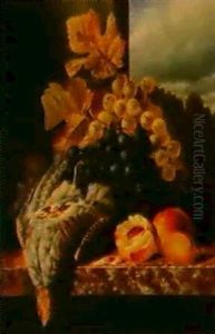 A Partridge, With Grapes, Peaches And A Plum On A Marble    Ledge