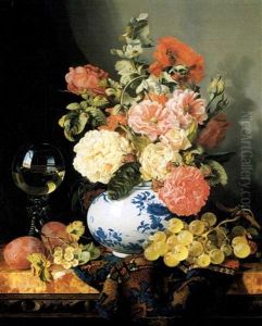 Poppies And Roses In A Chinesevase, With Fruit, A Glass Of  Wine And An Oriental Rug On A Marble Topped Table