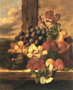 A Still Life Of Grapes, Raspberries, Plums, Peaches And A Quail's Nest by Edward Ladell