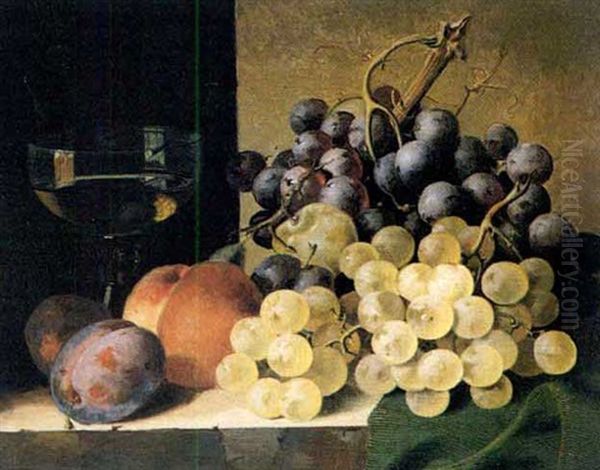 A Peach, Grapes, Plums And A Glass Of Wine On A Draped Ledge - view 1