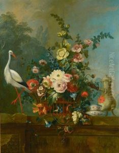 Nature Morte De Fleurs, Et Une Cigogne