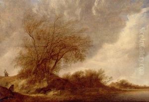 An Extensive River Landscape With Figures By A Wooded Dune by Reynier Van Der Laeck
