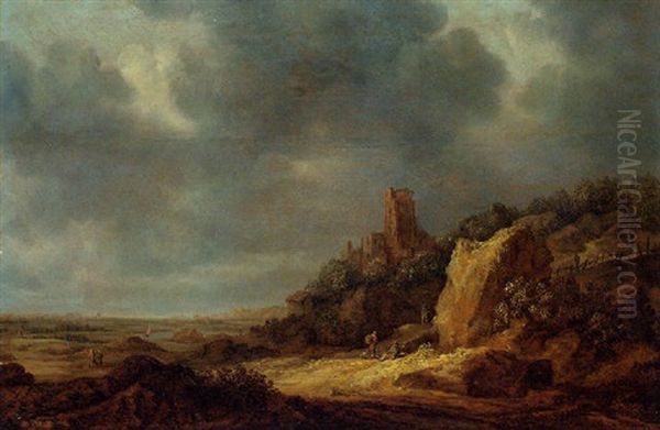 An Extensive Dune Landscape With A Ruined Castle On A Hill And Travellers On A Path - view 1