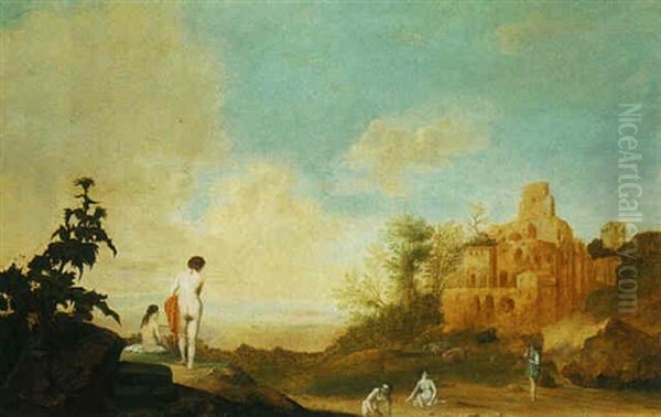 Landscape With Italianate Ruins And Figures Bathing - view 1