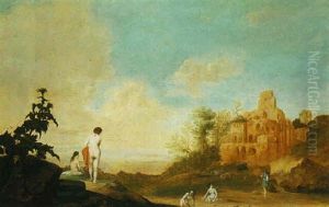 Landscape With Italianate Ruins And Figures Bathing by Reynier Van Der Laeck