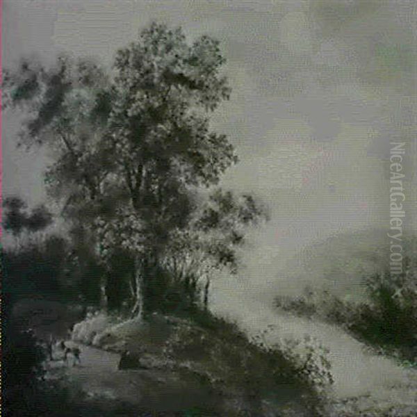 A River Landscape With A Goatherd And His Goats On A Wooded Hillside Path - view 1