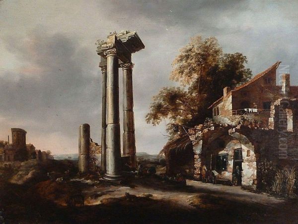 Paysans Dans La Cour Dune Ferme Devant Des Ruines Antiques - view 1