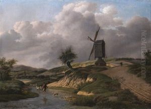 Landschaft Mit Windmuhle Und Einem Hirten Mit Seiner Schafherde Im Bachlauf
