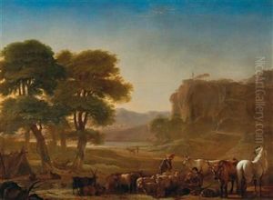 A View Of The Roman Campagna With Shepherds Resting With Their Livestock by Pieter Jacobsz Van Laer