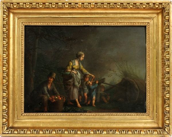 Mother & Children With A Basket Of Fruit - view 1