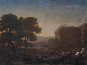 A View Of The Roman Campagna With Shepherds Resting With Their Herd, A Village On A Rocky Riverbank Beyond by Pieter Jacobsz Van Laer