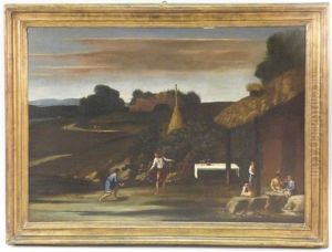 Paesaggio Con Scena Di Genere Raffigurante Un Gruppo Di Persone Intente Nel Gioco Delle Carte E Dei Birilli