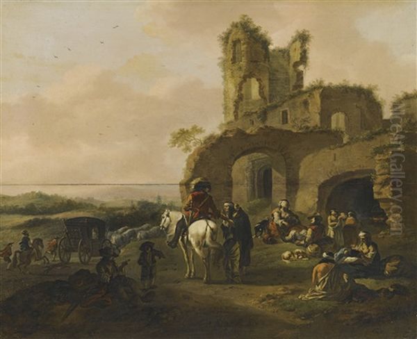 An Italianate Landscape With Travellers Resting Beside Ruins - view 1