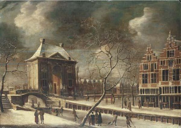 The Heiligewegspoort, Amsterdam, From The North-east In Winter,with Skaters On The Frozen Canal - view 1
