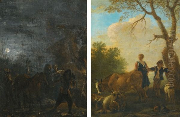 A Night Scene With Brigands (+ A Shepherd And Shepherdess With Their Flock; Pair) - view 1